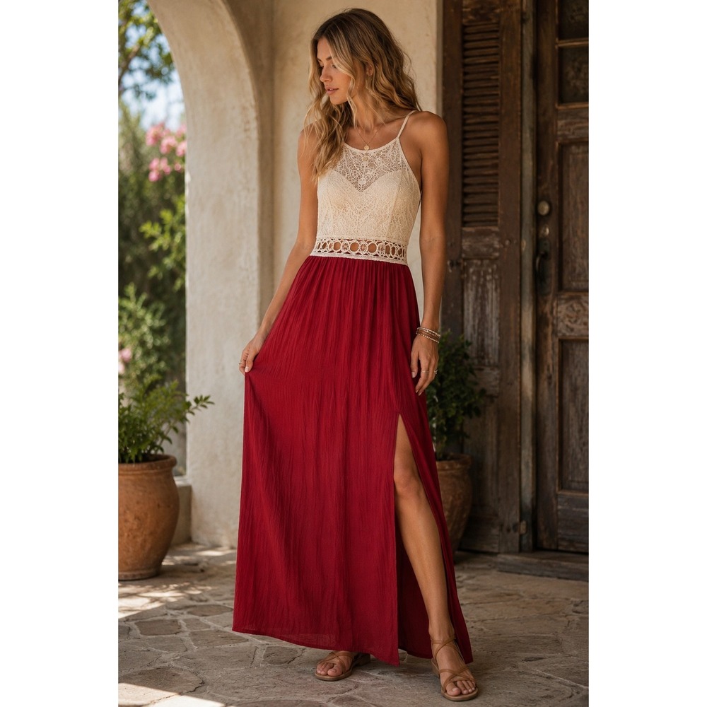 IZ Byer Maxi Dress S Berry Red Ivory Lace Boho Side Slit Crochet Festival
